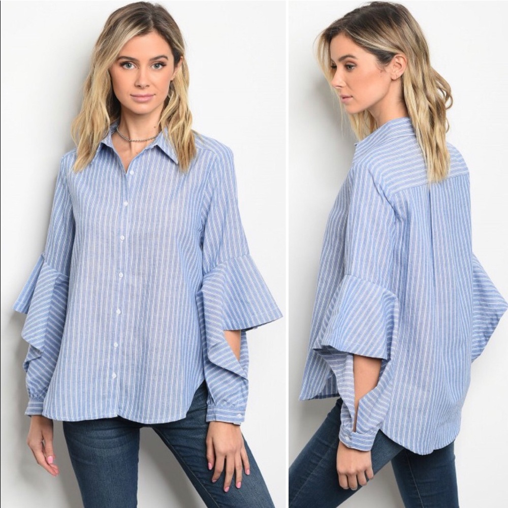 Very J—Chambray Ruffle Sleeve Stripped Button Up!!